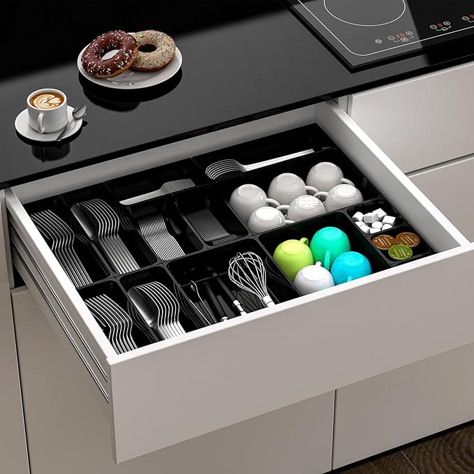 7 Pcs Plastic Drawer Organizer Set,4 Size Small Storage Containers for Organizing Jewelry,Utensil,Junk,Tea,Makeup,Shallow Drawer Organizers Tray Suitable for Office,Desk,Bathroom,Vanity,Kitchen,Black