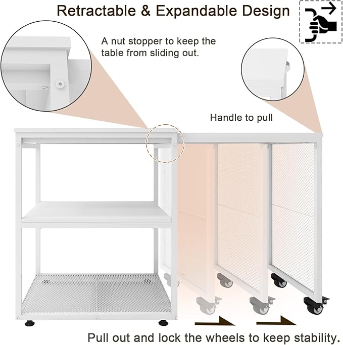 Natwind Large Printer Stand with Storage Shelves,Extendable Home Craft Table,Home Office Organization Desk, Versatile Table for Home Office, Kitchen, Study Room, Living Room (White)