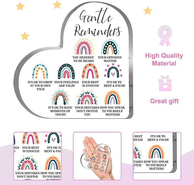 Gentle Reminders Decor, Positive Affirmations Desktop Art Decorations for Home Therapy Office School Counselling Office Mental Health Awareness Gifts, Heart Shape Acrylic Rainbow Sign Decor