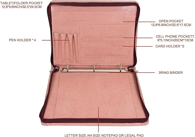 Free Engraved Name, Customized Pink Binder Portfolio, 3 Ring Binder Padfolio, Business Organizer Folio with Zipper, A4 Letter Sized Clipboard Portfolio, Gift for for Women/Girls, Pink