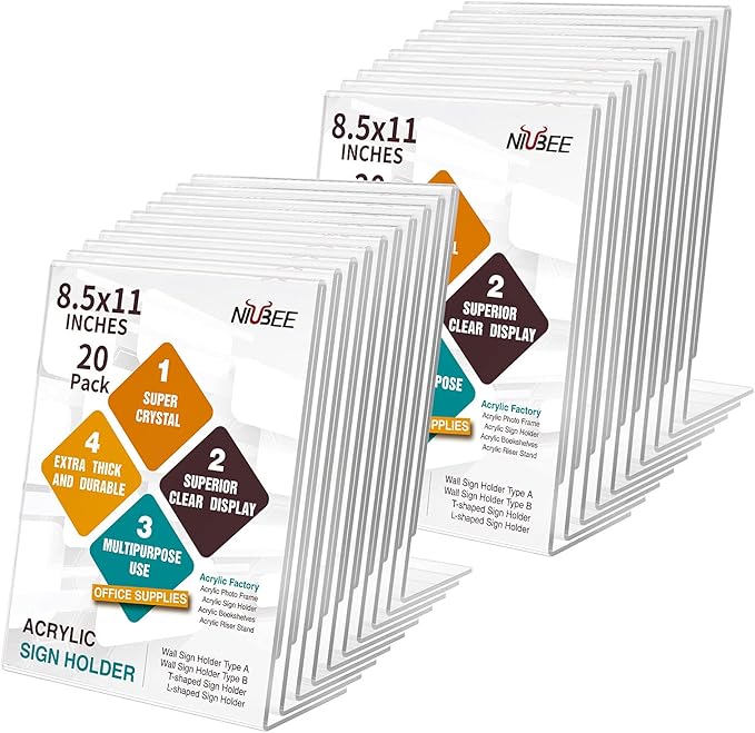 NIUBEE Acrylic Sign Holder 8.5 x 11 Inches Slanted Back, Clear Plastic Sign Holder Paper Display Table Stand for Office, Store, Restaurant (20 Pack)