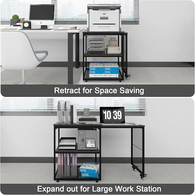 Natwind Large Printer Stand with Storage Shelves,Extendable Home Craft Table,Home Office Organization Desk, Versatile Table Space Saving for Office, Kitchen, Study Room, Living Room (Black)