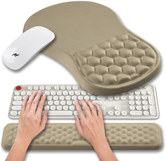 Hokafenle 2 in 1 Ergonomic Mouse Pad Wrist Support & Wrist Rest for Computer Keyboard Set, with Relieve Carpal Tunnel Pain Massage Bulge and Full Memory Gel Design (2In1 Set, Beige)