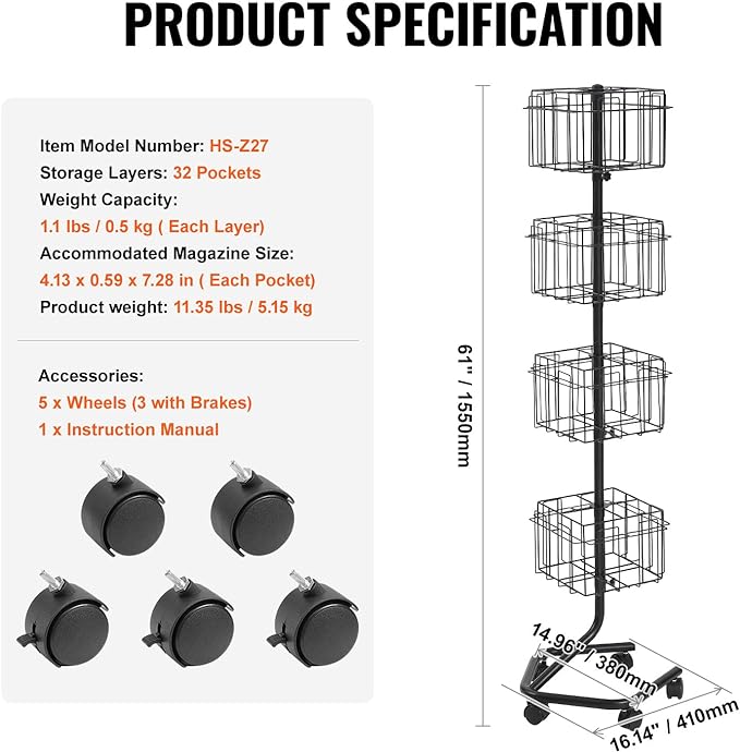 VEVOR Brochure Display Rack, 4-Tier 32 Pockets Rotating Magazine Literature Display Stand for Postcards, 360° Spinning Greeting Cards Rack with 5 Wheels (2 Lockable) for Shop Exhibitions Office
