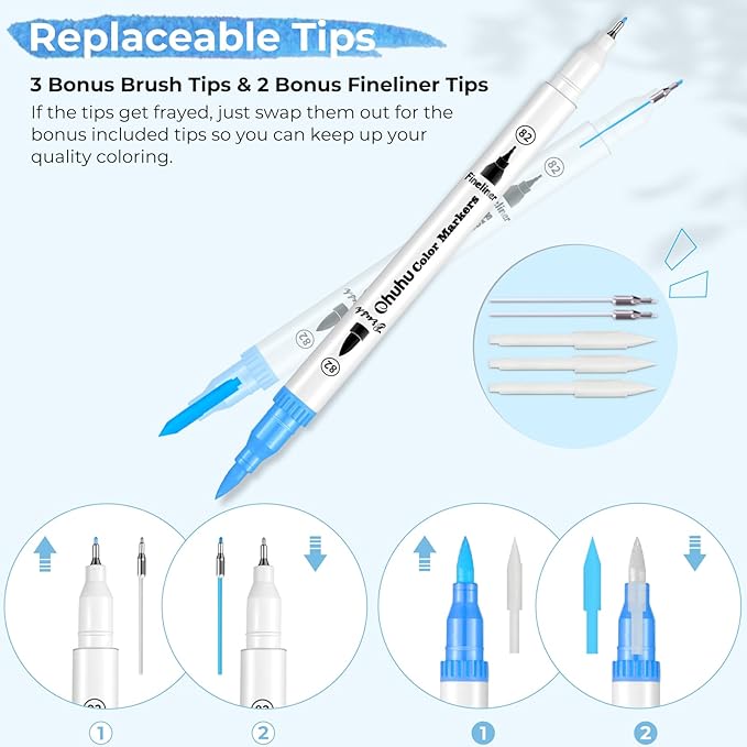 Ohuhu Markers for Adult Coloring Books No Bleeding 60 Colors Coloring Markers Water-based Dual Tips Fineliner & Brush Drawing Pens Art Markers for Kids Adults Sketch Journal - Maui - White