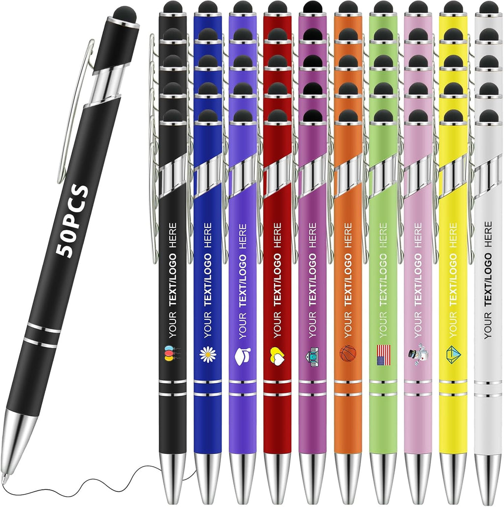 Personalized Pens 50pcs with Stylus Custom Ballpoint Pens in Bulk Engraved with Logo Text Personalized Bulk Black Ink for Office College Business