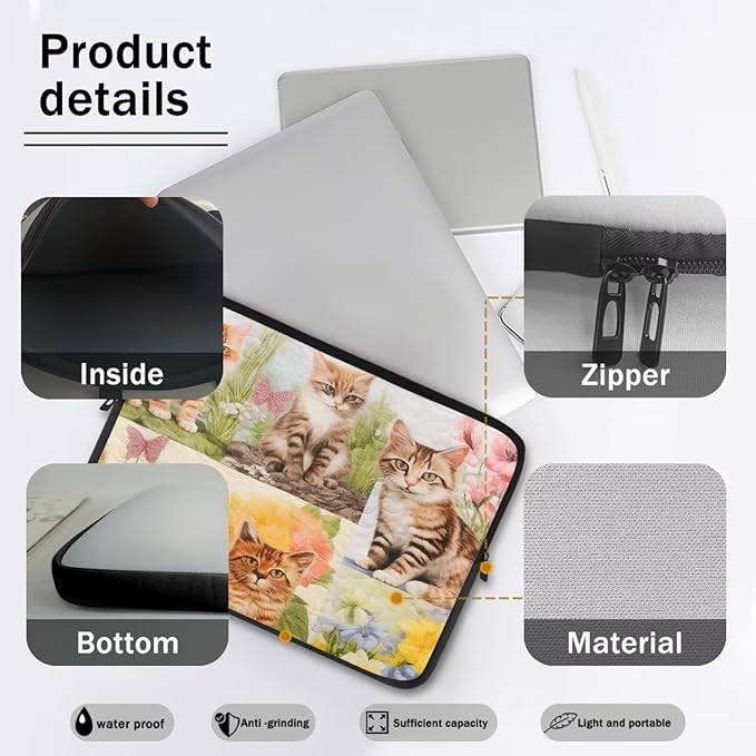 Cat Floral Printed Computer Case Bag for Girls Boys, Washable 13 Inch Laptop Bag Carrying Case Cute Laptop Briefcase Neoprene with Zipper, Compatible with Various Computers