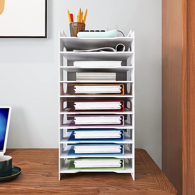 Natwind Office Stackable Paper Organizer for Desk White Desktop File Sorter Desk Organizer Letter Tray Holder Document Storage Rack for Home Office School 10-Tier