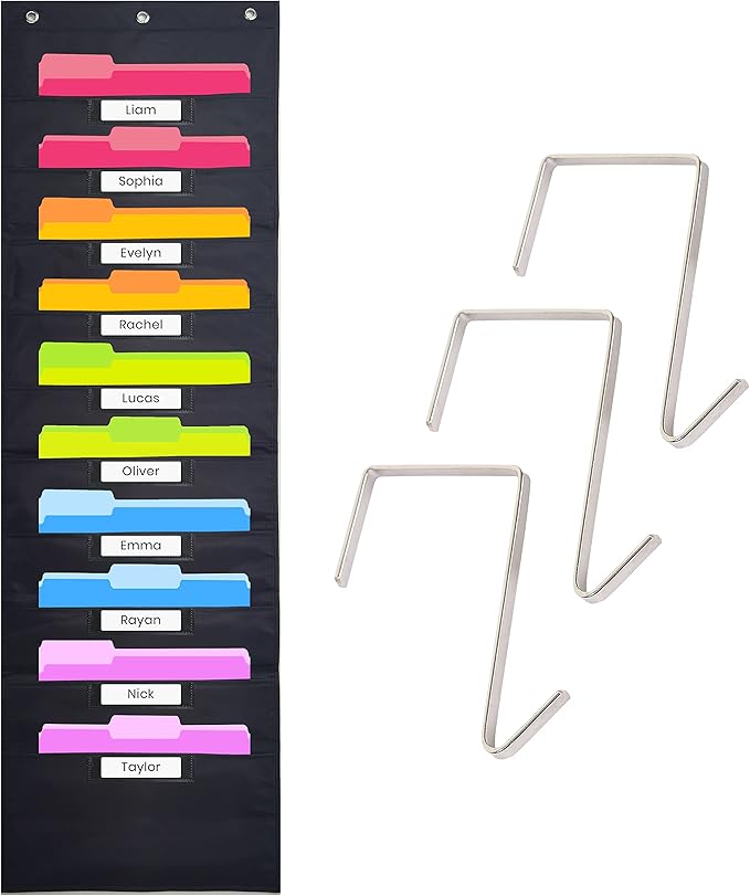 Black Pocket Chart for Classroom - 10 Pocket Storage Rainbow Pocket Charts , 3 Over Door Hangers Included, Hanging Wall File Organizer for File Folders, School Mailbox, Home/Office Papers