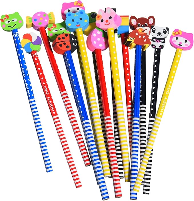 28PCS Fun Cute Pencils for Kids,Colorful Stripe Pencils with Assorted Fruit Animal Erasers Toppers,Pencils and Erasers Set for School Office Classroom Supplies Students Children