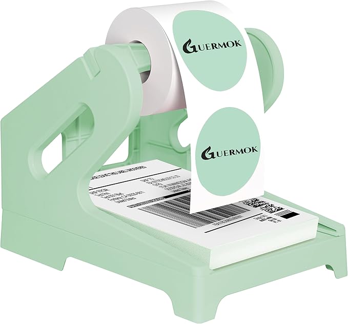 Guermok Thermal Shipping Label Holder for Rolls & Fan-Fold, Fragile Stickers for Shipping, Label Stand Desktop Printer Holder-Home Office Accessory Sticker Dispenser for Holographic (Green)