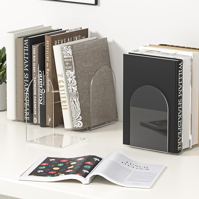 Acrylic Bookends 8 Pieces, Book Ends for Shelves, Clear Bookends for Book Shelves and Desktop Organizer, Transparent Bookends to Hold Books for Home Office Supplies