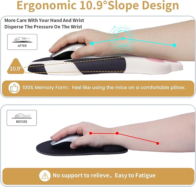 Ergonomic Mouse Pad with Wrist Rest,Cute Cat Paw Mousepad Wrist Support,Comfortable Massage Design Computer Pain Relief Mouse Pad with Non-Slip PU Base for Desk Laptop Gaming,Cow