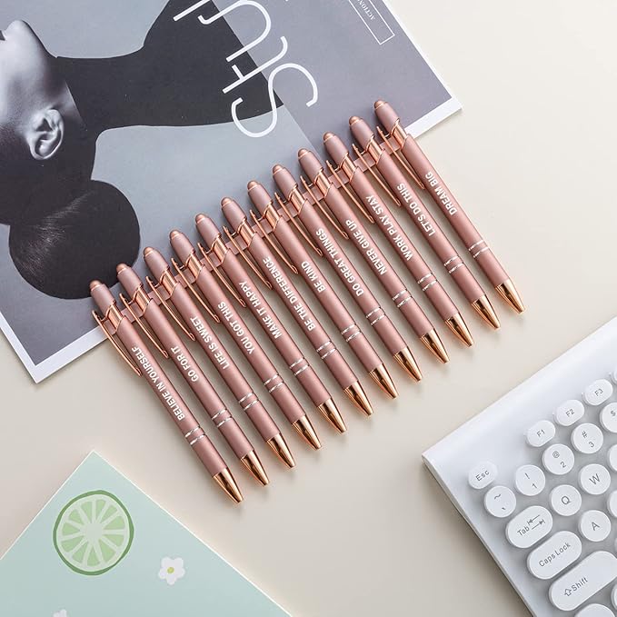 PASISIBICK 12 Pieces Rose Gold Inspirational Motivational Quotes Snarky Screen Touch Stylus Ballpoint Pens, Office Encouraging Scriptures, Black Ink (Rose Gold,Motivational)