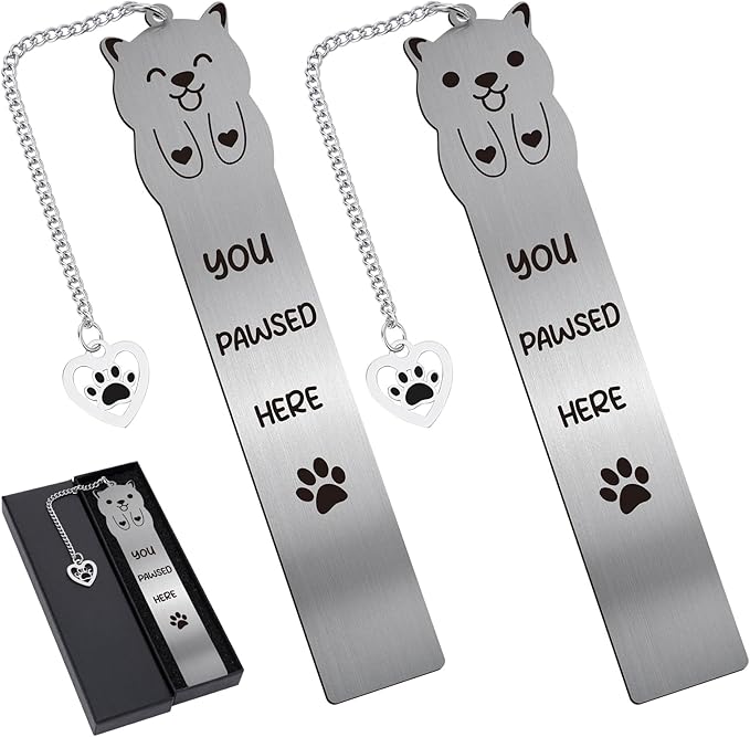 Cute Dog Metal Bookmark - 2 PCs You Pawsed Here Bookmarks for Kids Teens Dog Lovers Gifts Funny Book Marks Pendant Box for Reading Reader Boys Girls School Christmas Thanksgiving Birthday