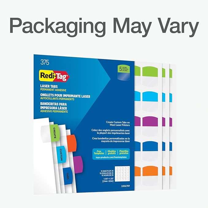 Redi-Tag Laser Printable Tabs, Permanent Index Tabs, Customizable Adhesive Labels, Assorted Tropical Colors, 1.125" x 1.25", 375 Per Pack (1006789)