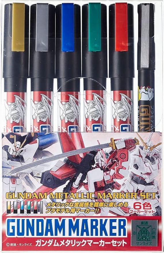 MR.HOBBYミスターホビー GMS121 Gundam Metallic Marker Set, Paint Type, Felt Tip Pens, for Painting Gunpla, 5 Colours & GM20 Brush Type Black, Set of 6, Chisel