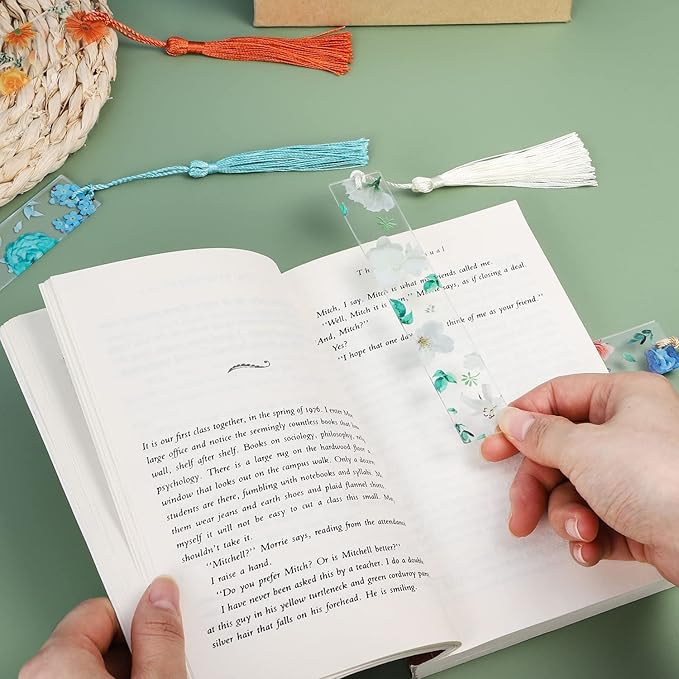 10 Pieces Flower Resin Bookmark Transparent Floral Bookmarks for Women Cute Bookmarks Flower Page Marker with Tassels, Christmas Gifts Stocking Stuffers for Women Kids