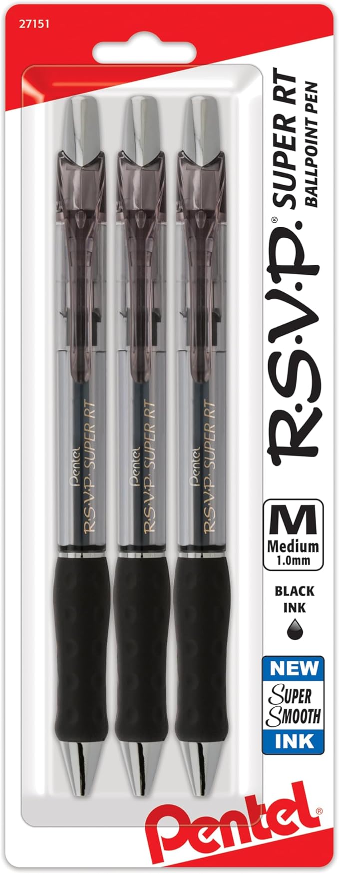 Pentel RSVP Super RT Ballpoint Pen, (1.0mm) Medium Line, Black Ink, 3-Pk - BX480BP3A