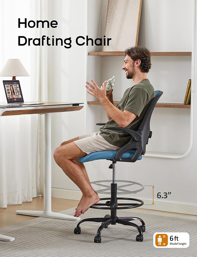 Drafting Chair Tall Office Chair with Flip-up Armrests Ergonomic Computer Standing Desk Chair with Comfy Lumbar Support and Adjustable Footrest Ring for Bar Height Desk(Black-Blue)