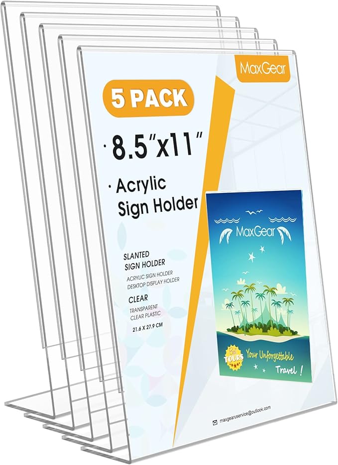 MaxGear Sign Holder 8.5x11 inches, Acrylic Sign Holder Slant Back Sign Holder Clear Sign Holder Plastic Paper Holder with Plastic Card Display for Office, Store, 5 Pack