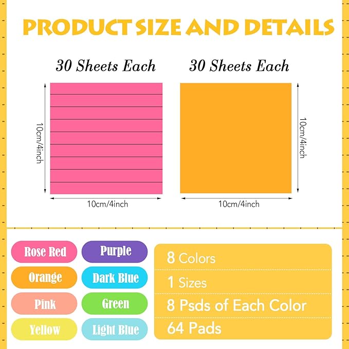 Yexiya 64 Pcs Lined Sticky Notes Self Stick Notes with Lines Bright Assorted Colors Sticky Notes for Home Office Products Post Memos, 1920 Sheets(3 x 3 Inch,Lined, Blank)