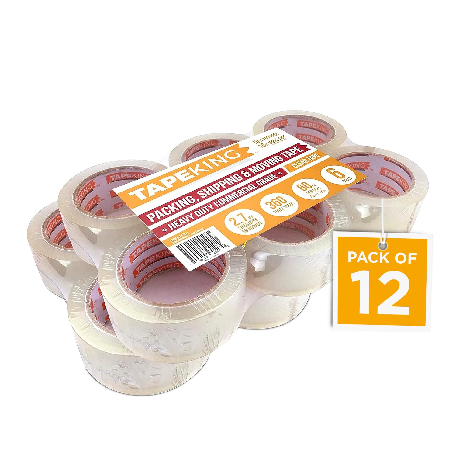 Tape King® Clear Packing Tape - 60 Yards Per Roll (12 Rolls) - 1.88 Inch Wide Stronger & Thicker 2.7mil, Heavy Duty Adhesive Industrial Depot Tape for Moving Packaging Shipping, Office & Storage