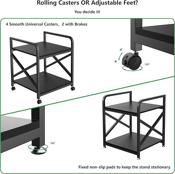 Ollieroo 2 Tier Printer Stand with Storage Shelf, Printer Table with Height Adjustable Top Shelf, Under Desk Storage Printer Cart for Paper Shredder Scanner, 3D Printer Stand for Home Office(Black)