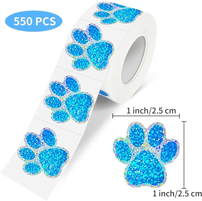 1 Inch Paw Stickers,550Pcs Sparkle Blue Paw Stickers,Self-Adhesive Holographic Shiny Bear Paw Stickers Roll for Kids Birthday Decor Envelopes Seals Cards Gift Wrap
