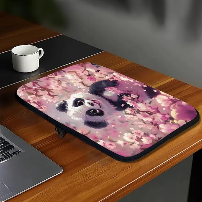 Panda Cherry Blossom Printed Computer Case Bag for Girls Boys, Washable 13 Inch Laptop Bag Carrying Case Laptop Briefcase Neoprene with Zipper, Compatible with Various Computers, Pink