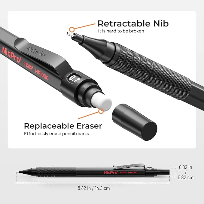 Nicpro Black Art Mechanical Pencil Set, 5PCS Metal Drafting Pencils 0.3, 0.5, 0.7, 0.9 mm & 2mm Graphite Lead Holder For Sketching Drawing With 9 Tubes (4B 2B HB 2H Colors) Lead Refills Erasers Case