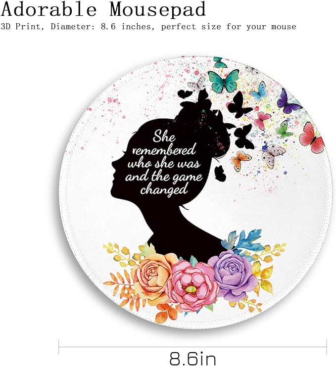 Gctriki Round Mouse Pad, Cute Butterfly Flower Mousepad for Laptop Gaming Women, with Stitched Edge Non-Slip Rubber Base, Feminist Inspirational Quote Mouse Pad, Home Office Decor Desk Accessories