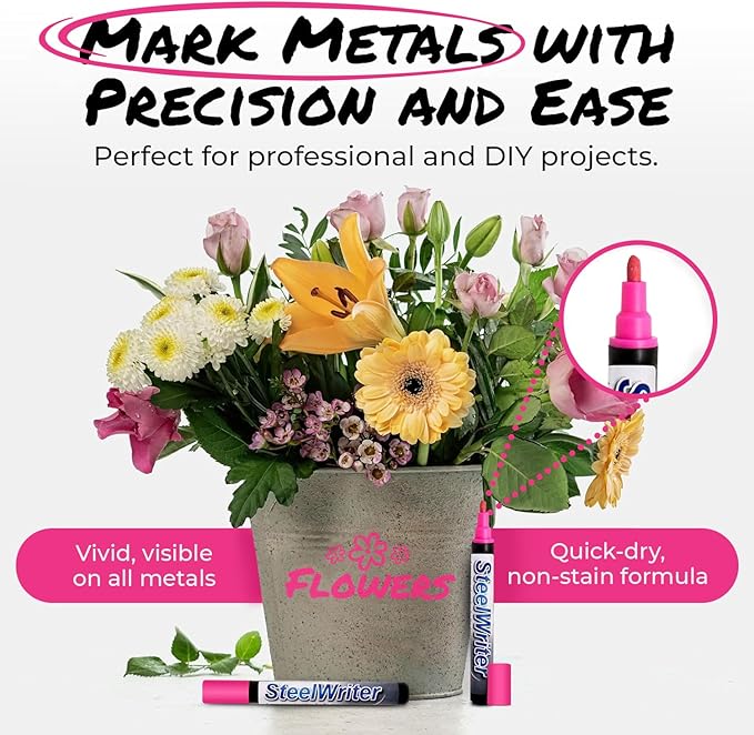 Metal Marking Paint Pen - Industrial Marker For Writing & Drawing on Steel and Metals - Washable Removable Paint Markers For Metal, Wet Erase Metal Paint, Pink Paint Pen for Construction and Welders