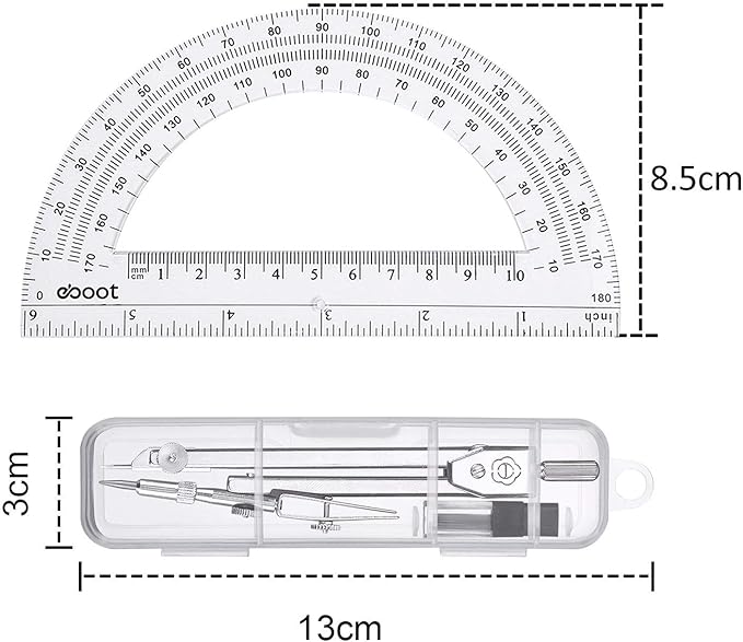 EBOOT Student Geometry Math Set, Drawing Compass and 6 Inch Clear Swing Arm Protractors 180 Degree Math Protractor (Argent, Classic)