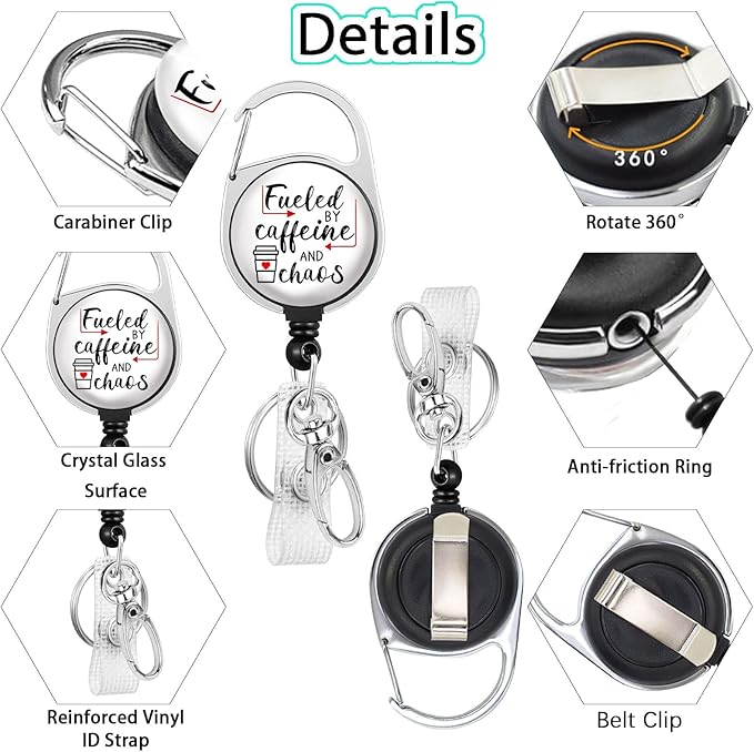 Gctriki Badge Reel Holder Retractable Heavy Duty with 360° Swivel Carabiner Clip, Funny Fueled by Caffeine and Chaos ID Holder Name Badge Clip RN Nurse Medical Badge Reel Retractable Keychain ID Clip