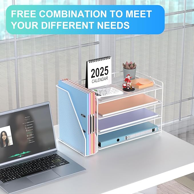 gianotter 2025 New Large Capacity Desk Organizer with Detachable Magazine Holder, 4-Tier Paper Organizer Letter Tray, Desk Accessories for A4 Paper and Document Storage(White)
