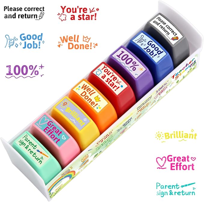 Teacher Stamps for Grading Motivational Teacher Self-Inking Stamp Set Encouraging Signature Stamp for Classroom Supplies 8 Packs Multicolor