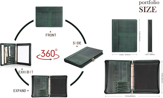 AZXCG Padfolio for Men, Leather Document Organizer with 3 Ring Binders, Legal Pad Resume Holder, Work Binder Folder, Zip Binders 3 Ring, Green, Gift for Men/Son