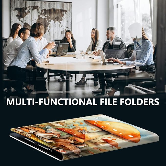 PU Leather Padfolio Clipboard Notepad with Pen Loop and Elastic Strap Interview/Resume Document Organizer for Business School Office,Watercolor Mushroom