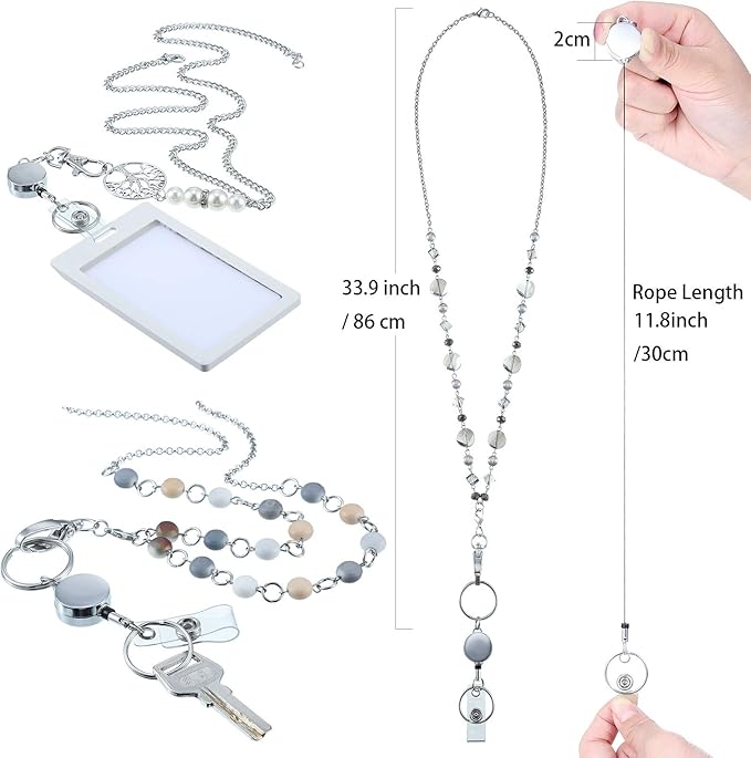 Hicarer 3 Pcs ID Badge Lanyard Necklace with ID Holder Clip Stainless Steel Beaded Chain Retractable Badge Reel Valentine (Chic Style)