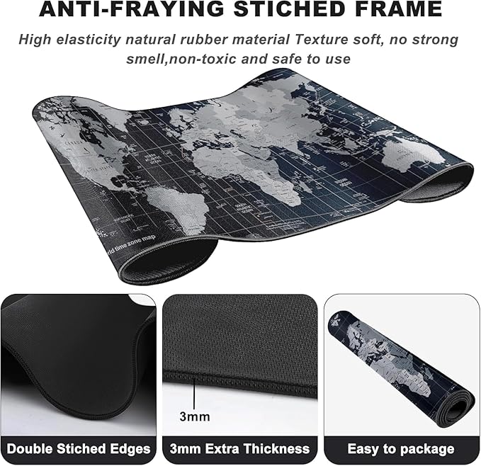 Large Mouse Pad, Desk Mat Large Office Desk Pad Gaming Mouse Pad with Stitched Edges, 35.4" x 15.7" Mousepad with Non-Slip Waterproof Rubber Base for PC Laptop Desk Home Office Accessories, Map