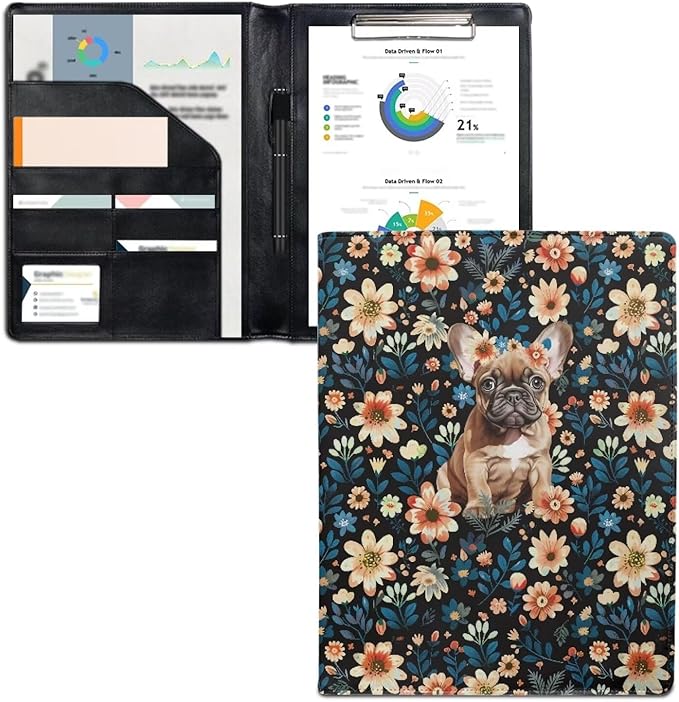 Office Folder Colorful Flower Dog Print PU Leather Padfolio with A4 Size Clipboard Clip for Business Resume Interview Document Sleeve Binder Folder for Men/Women