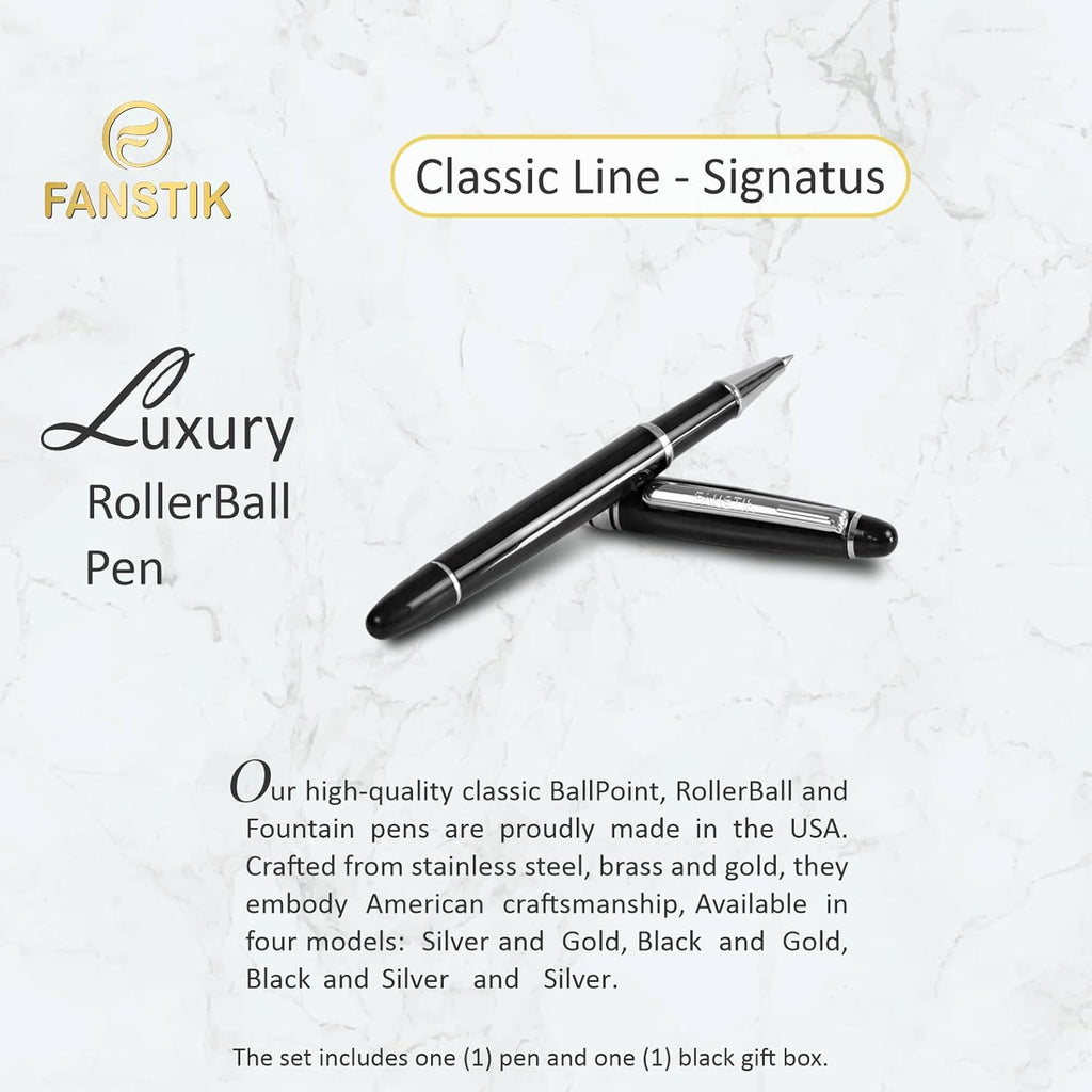 Customized RollerBall pen with name (MADE IN USA), stainless steel, black and silver, luxury engraved pen personalized for men and for women. (RollerBall Black-Silver)