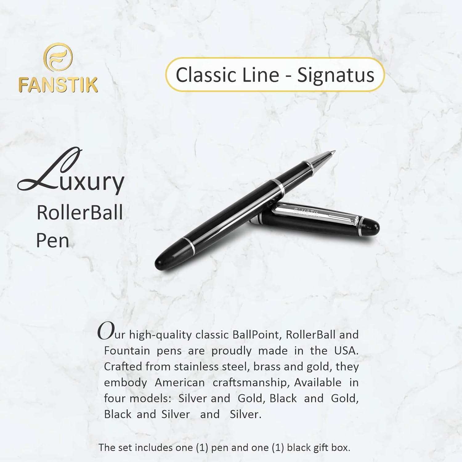 Customized RollerBall pen with name (MADE IN USA), stainless steel, black and silver, luxury engraved pen personalized for men and for women. (RollerBall Black-Silver)