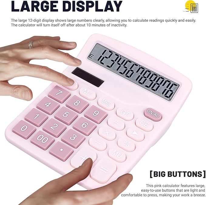 Golcellia Calculators Desktop, Pink Calculator, Cute Calculator 12 Digit Desk Calculator Large Display, Dual Power Solar Battery, Office Home School Supplies for Adults & Students