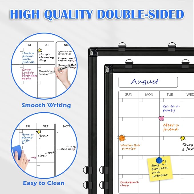 Monthly Calendar Dry Erase Whiteboard, 30" x 20" Magnetic Calendar White Board, Double-Sided Portable Board with Black Aluminium Frame for Office, Kitchen, School, Home