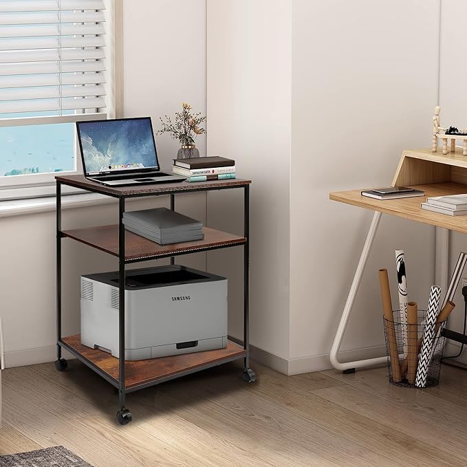 EMERIT 3-Tier Printer Stand for Laser/Inkjet/All-in-One - 23.6x18.9x31.5 Heavy Duty Cart w/Adjustable Shelves & Lockable Wheels, Storage for Scanner/Fax/Supplies - Industrial Home & Office