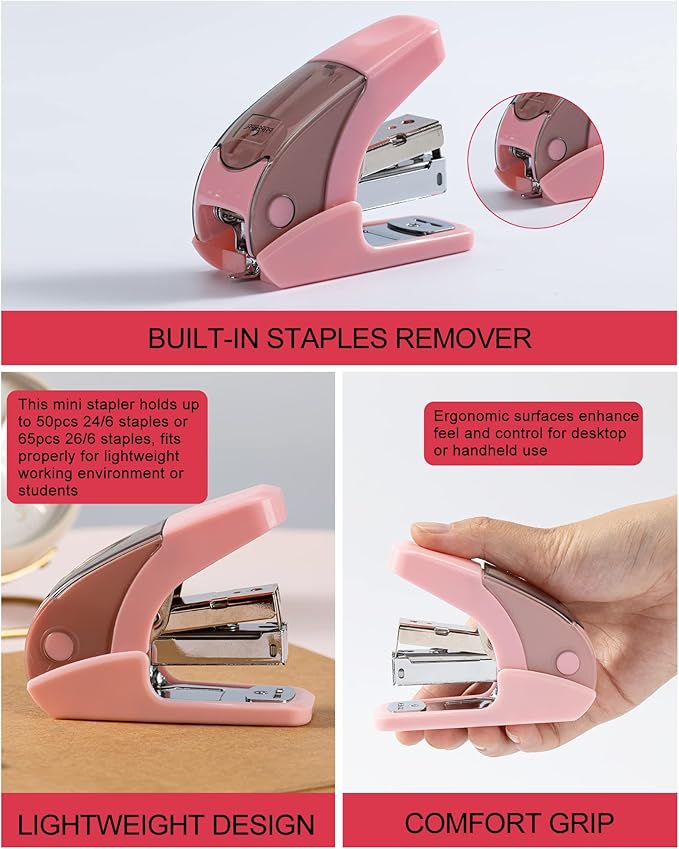 PAPERPAL Effortless Mini Stapler Set, 20 Sheet Capacity, Integrated Remover & Staple Storage, Holds 1/4" Staples, Includes 1000 Staples, Lightweight, Office, School & Daily Use, Pink