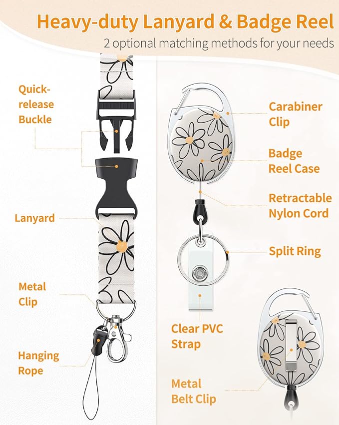 Uniclife 2 Pack Floral Sliding Badge Holder Flower Plastic Case with Retractable Badge Reel Carabiner Clip and Detachable Lanyard Strap Hard Vertical Card Protector for Women Nurse Teacher