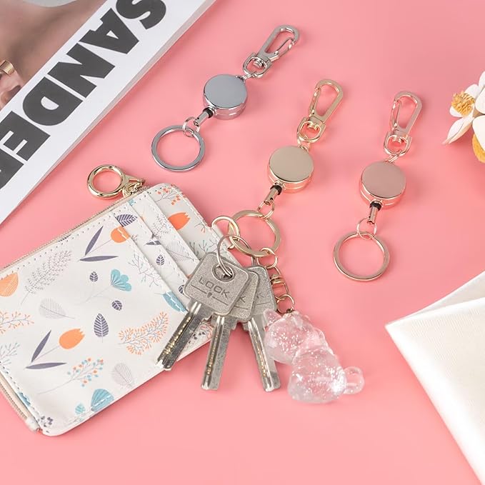 2 Pack Retractable ID Badge Holder with Carabiner Belt Clip Key Ring, Metal Badge Reel with Retractable Cord, Retractable Keychian for Women Nurse,Teacher,Student (Gold,Rose Gold)